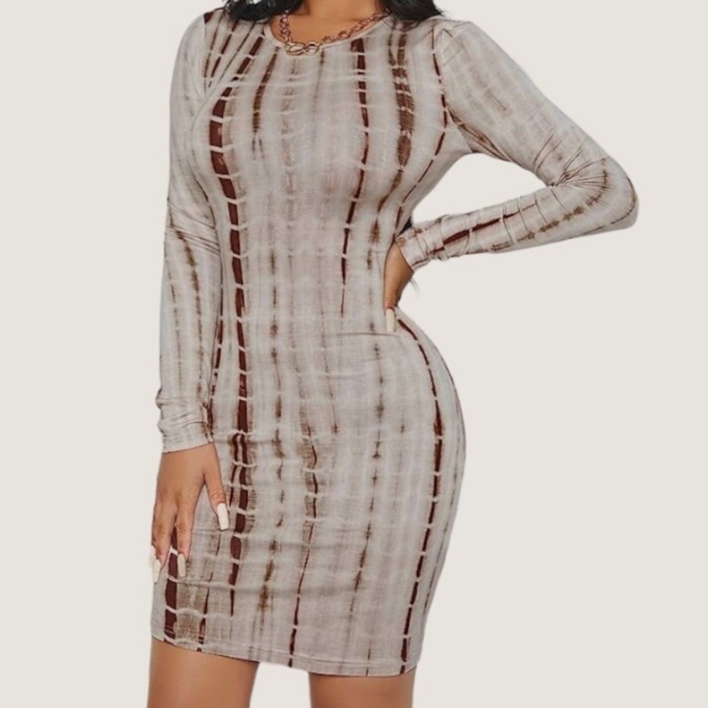 SHEIN Brown & White Tie Dye Long-sleeve Mini Bodycon Dress Size XS